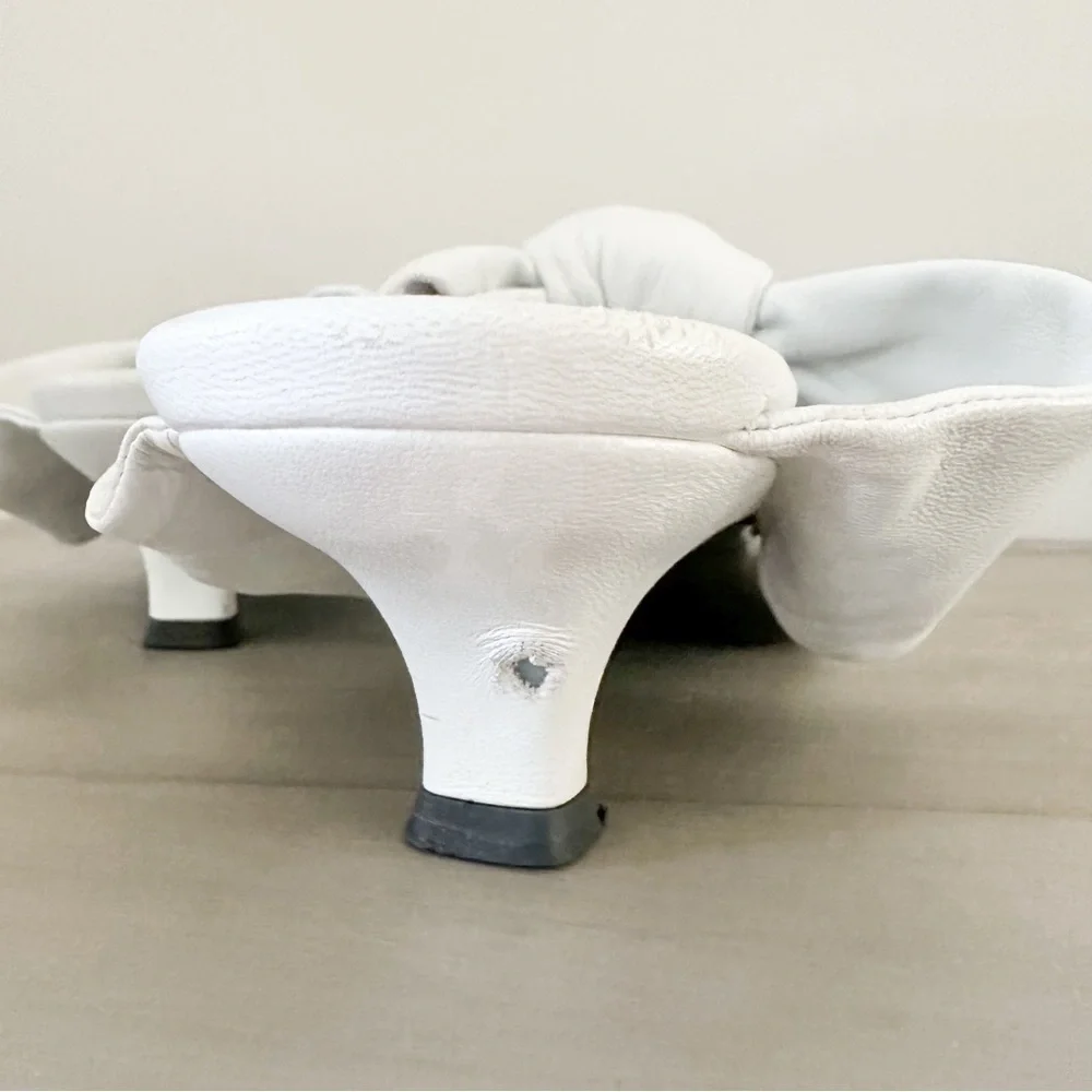The Row White Leather Coco Bow Kitten Heel Mules sz 40